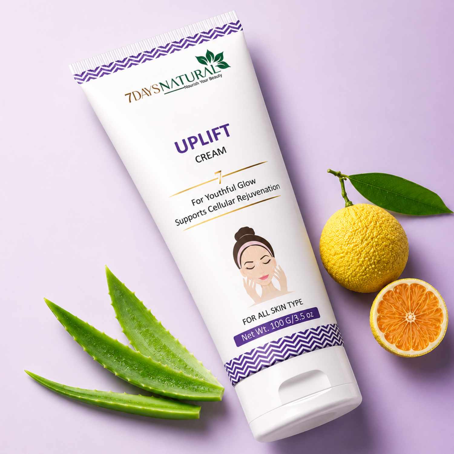Tube of 7 Days Natural Uplift Cream with aloe vera leaves and oranges on a purple background