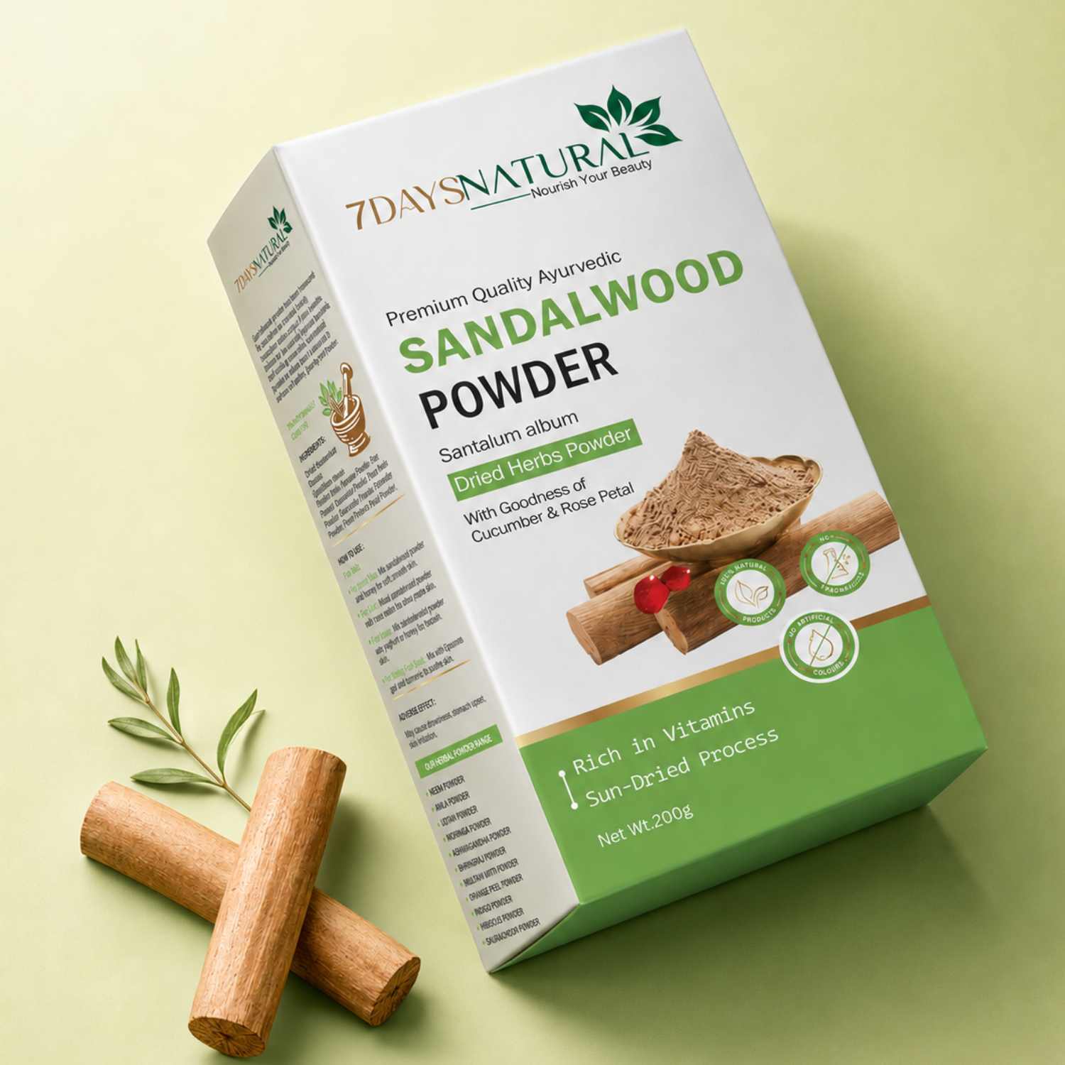 Box of 7Days Naturals Sandalwood Powder on a light green background