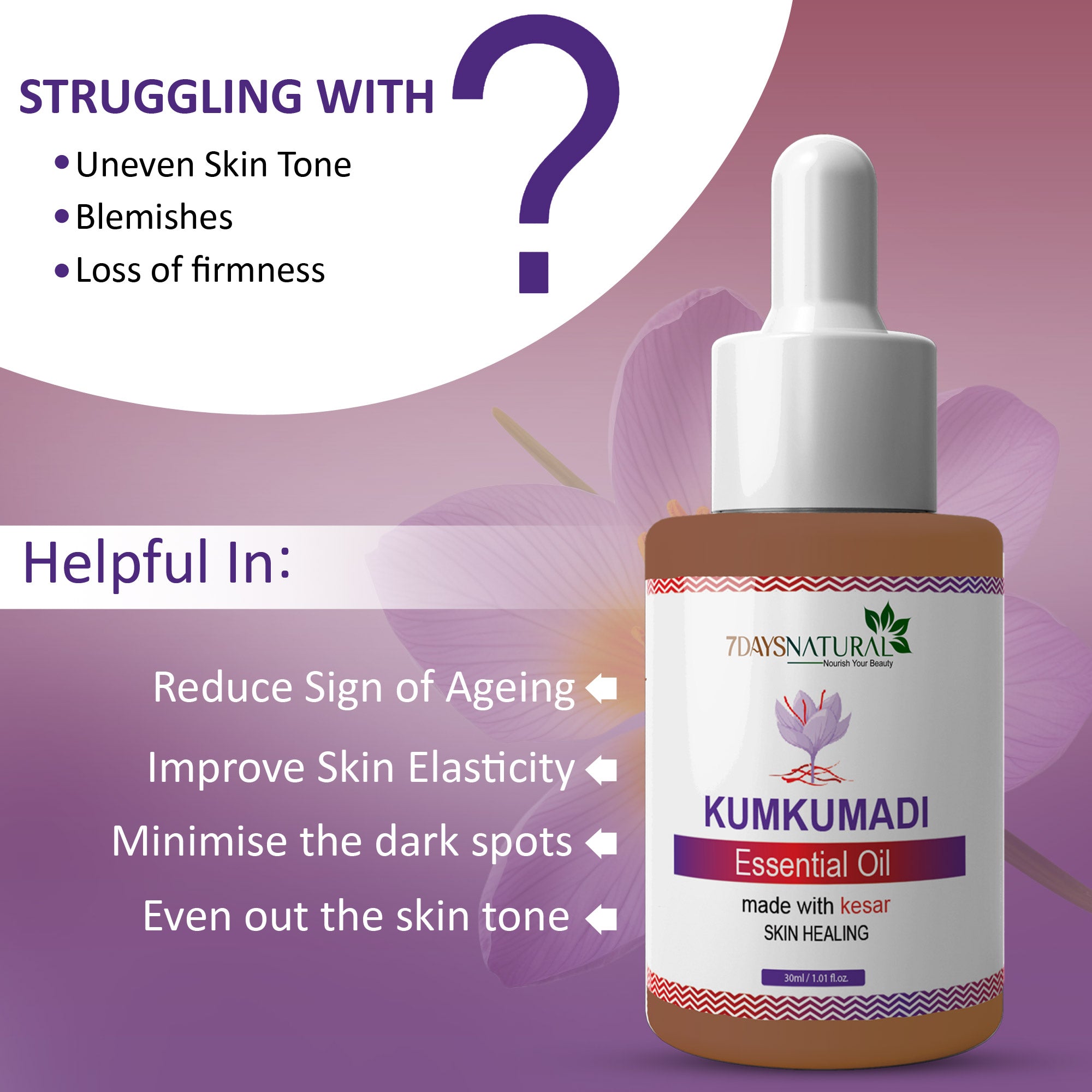 Kumkumadi Essential Oil 30 ml for glowing skin natural way & Diminishes scars, dark circles and dark spots| 7Days Natural