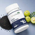 Bottle of 7Days Natural Keto Slim-Pro supplement with black seeds and green fruits on a light blue background