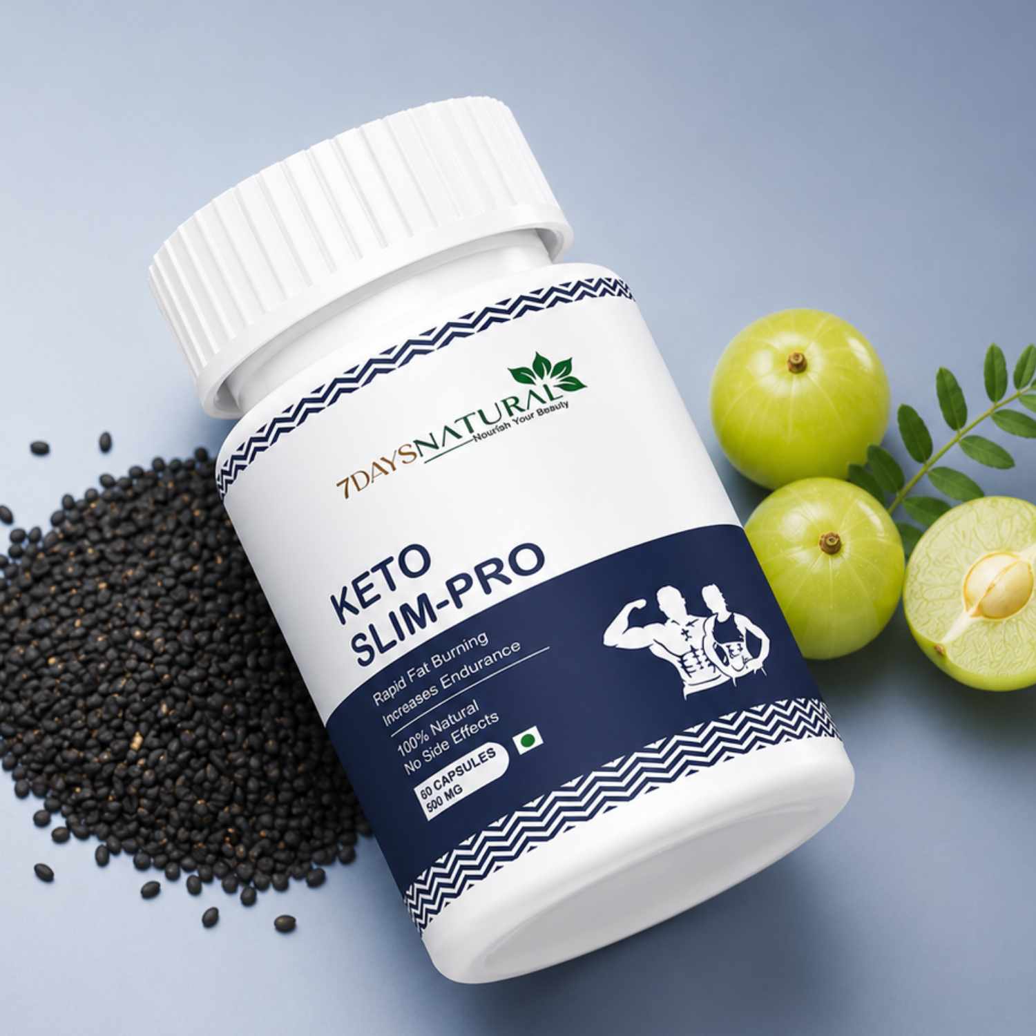 Bottle of 7Days Natural Keto Slim-Pro supplement with black seeds and green fruits on a light blue background