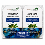 Two bars of 7DaysNatural Acne Soap in a clear plastic-wrapped pack, featuring white packaging with blue and green botanical graphics and a blue central label reading 'Pack of 2'.