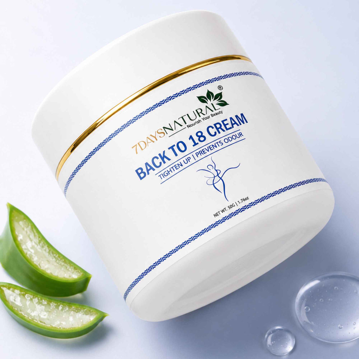 A white jar of 7DAYS NATURAL Back to 18 Cream with blue and gold accents, styled with sliced aloe vera and clear gel drops on a light blue background.
