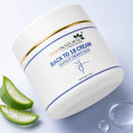 A white jar of 7DAYS NATURAL Back to 18 Cream with blue and gold accents, styled with sliced aloe vera and clear gel drops on a light blue background.
