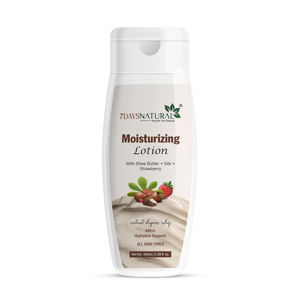 A 300ml bottle of 7 Days Natural Moisturizing Lotion with Shea Butter, Silk, and Strawberry, shown on a clean white background.