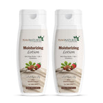 Two bottles of 7DaysNatural Moisturizing Lotion side by side on a white background. The bottles are white with beige labels featuring a strawberry and almond illustration.