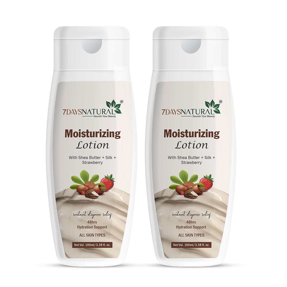 Two bottles of 7DaysNatural Moisturizing Lotion side by side on a white background. The bottles are white with beige labels featuring a strawberry and almond illustration.