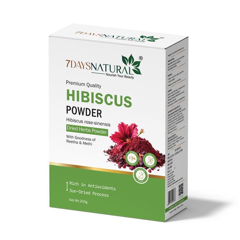 7Days Natural Hibiscus Flower Powder Ideal for Hair pack, Face pack, Eating, and Hibiscus tea | Gudhal Ka Phool Powder | 100% Pure and Natural, No Preservatives- 200gm