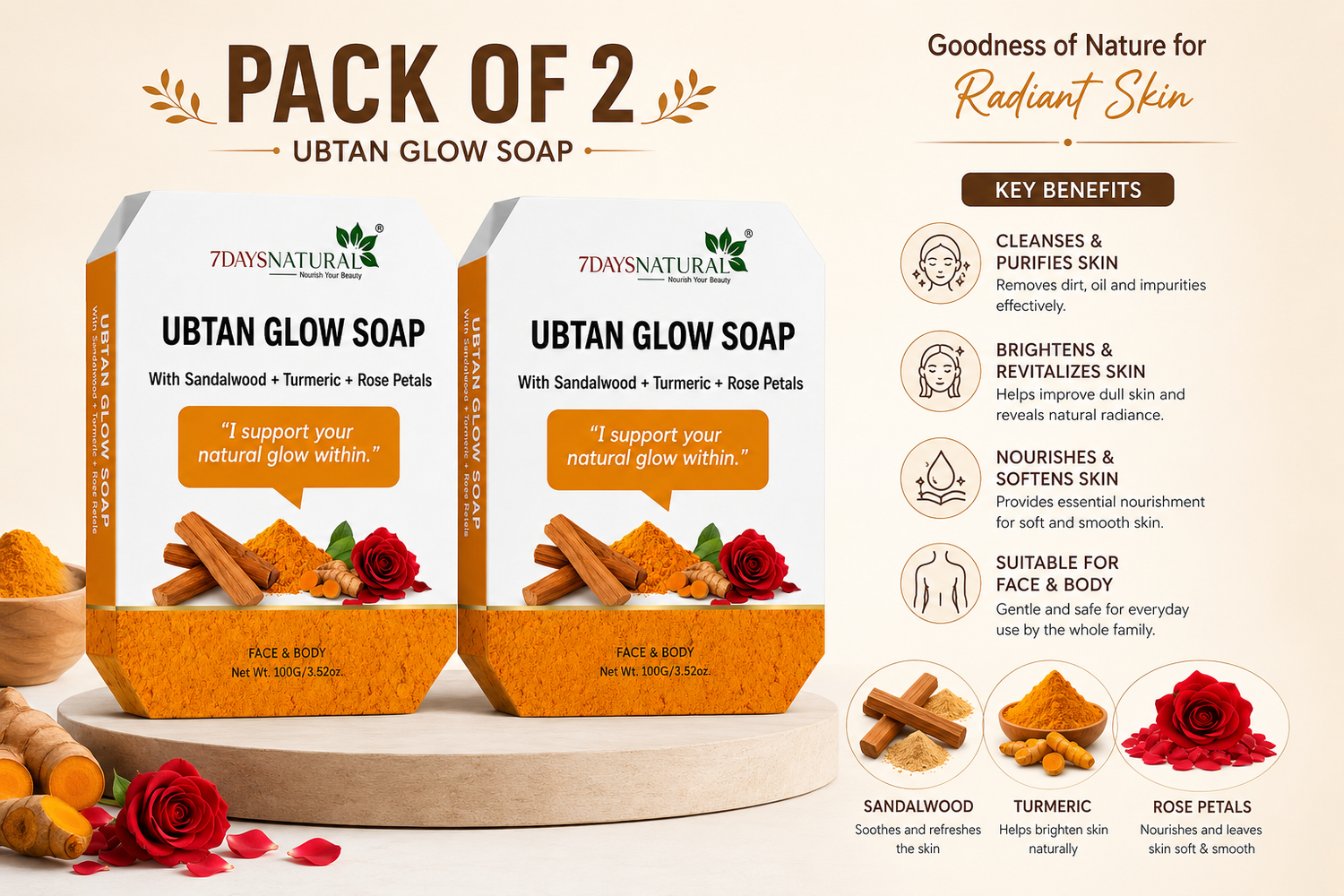 Ubtan Glow Soap Pack of 2 | Sandalwood & Turmeric