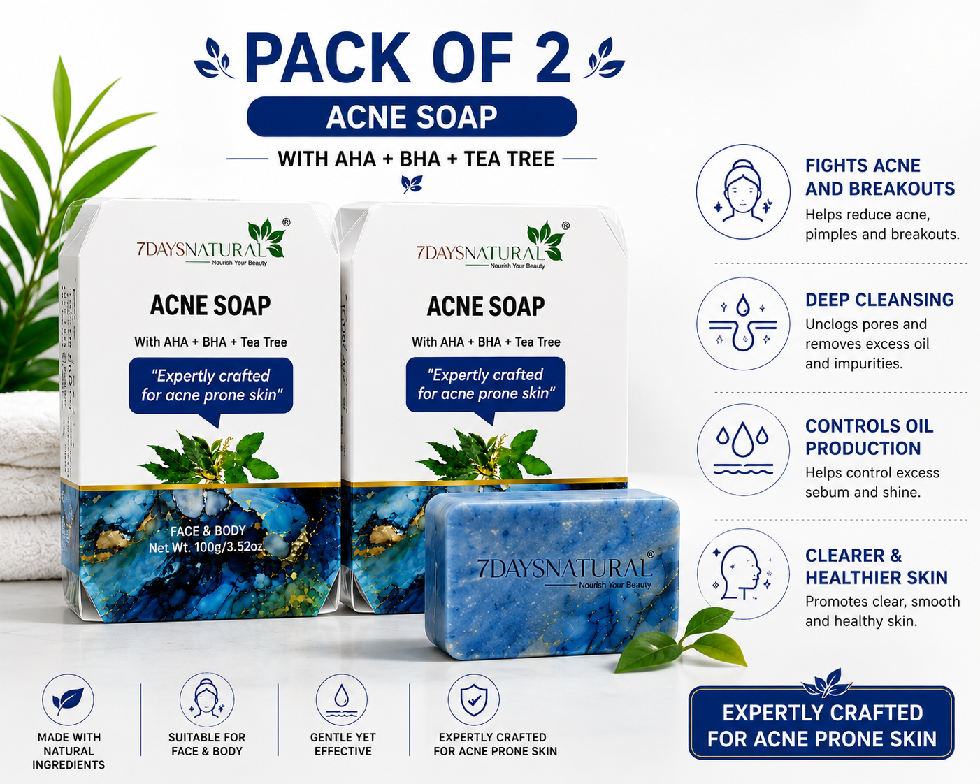 Acne Soap with AHA BHA & Tea Tree | Pack of 2 | Face & Body