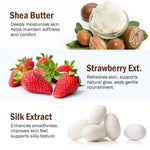 A three-panel ingredient benefits graphic for a skincare product. The top panel shows Shea Butter in a small glass bowl surrounded by cashews and green leaves, with text describing deep moisturization.