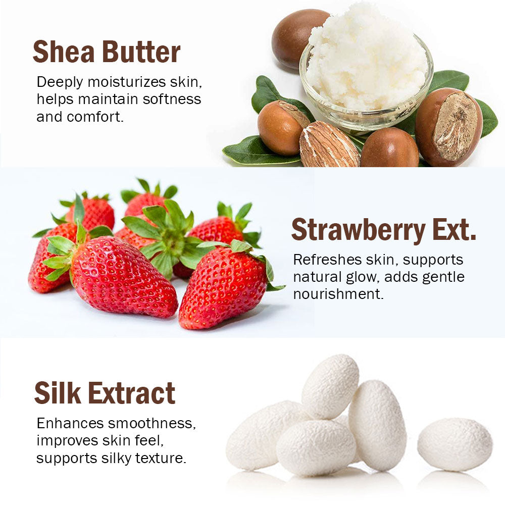 A three-panel ingredient benefits graphic for a skincare product. The top panel shows Shea Butter in a small glass bowl surrounded by cashews and green leaves, with text describing deep moisturization.
