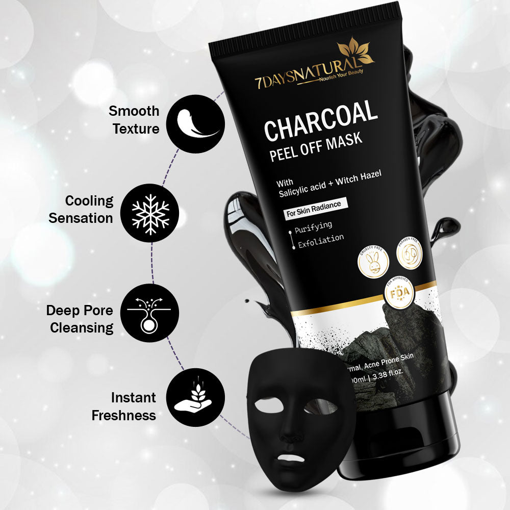 7Days Natural Charcoal Black Peel Off Mask for Men & Women | Removes Blackheads and Whiteheads | Active Cooling Effect | Deep Skin Purifying Cleansing(100 ml)