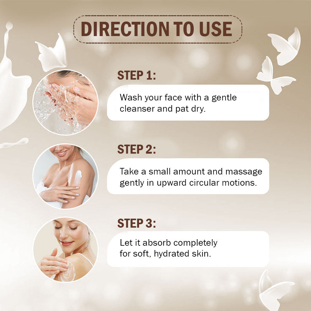 Instructional graphic titled 'DIRECTION TO USE' showing three steps for applying a skincare product: cleansing, massaging, and absorbing, with small circular photos and white text boxes on a soft beige background.