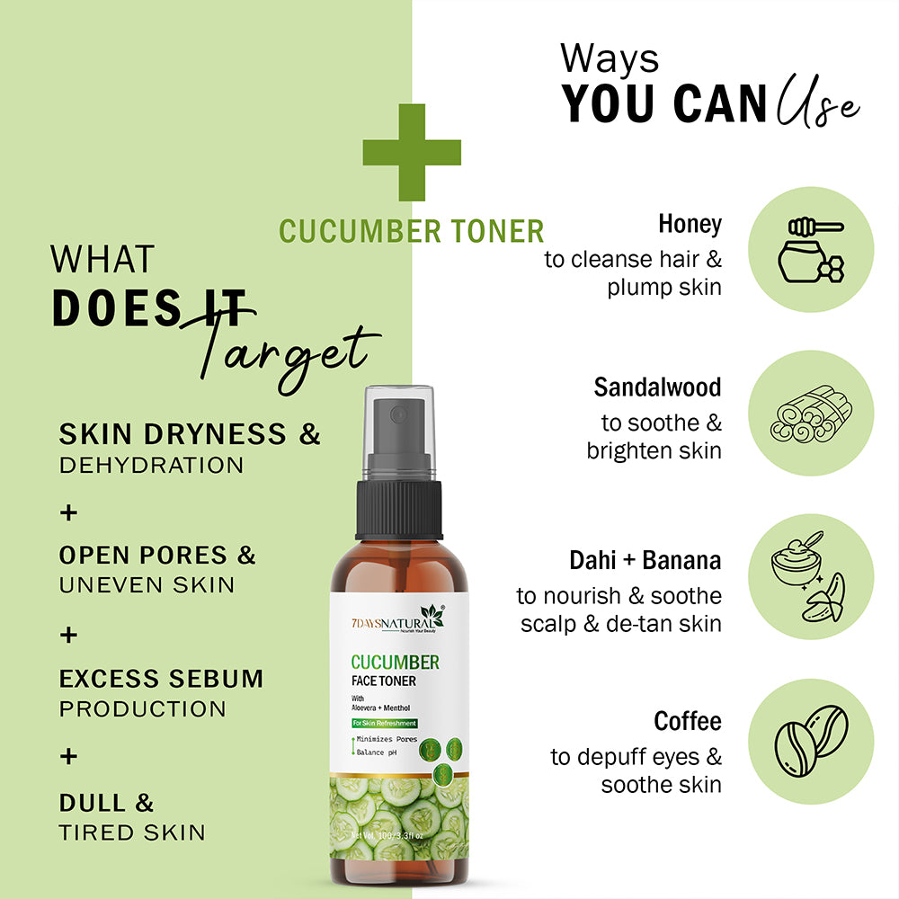7Days Natural Cucumber Face Toner with Rose Water and Menthol, pH Balancing, Instant Hydration,100g