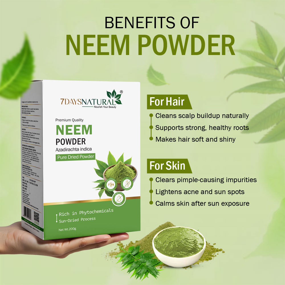 7Days Natural 100% Pure Neem Leaves Powder 200 Grams (Sun Dried & Stemless) for Face, Skin, Hair Growth Pack