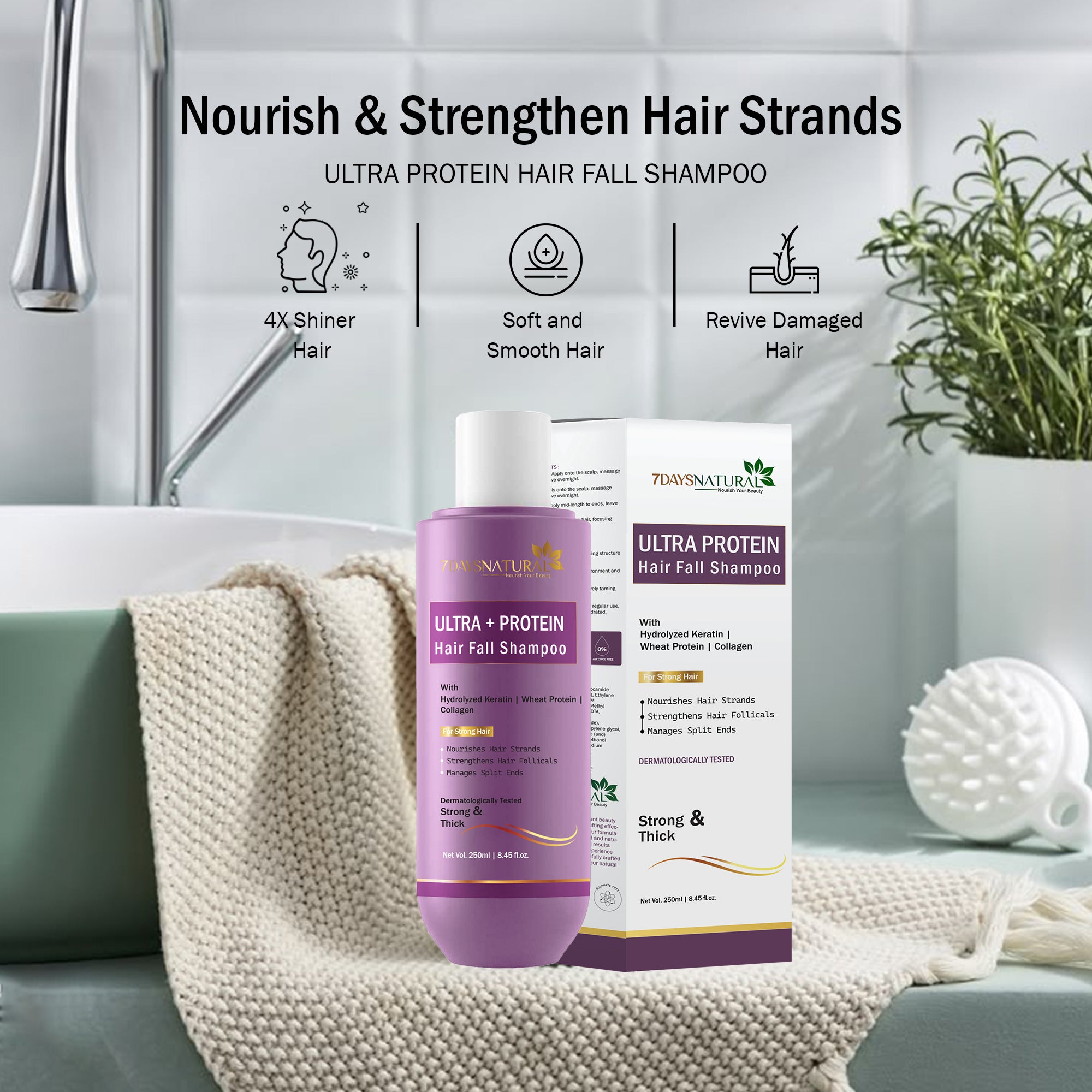 7 Days Natural Ultra Protein Hair Fall Shampoo and Biotin Conditioner Set, 250ml Each, with Keratin and Argan Oil