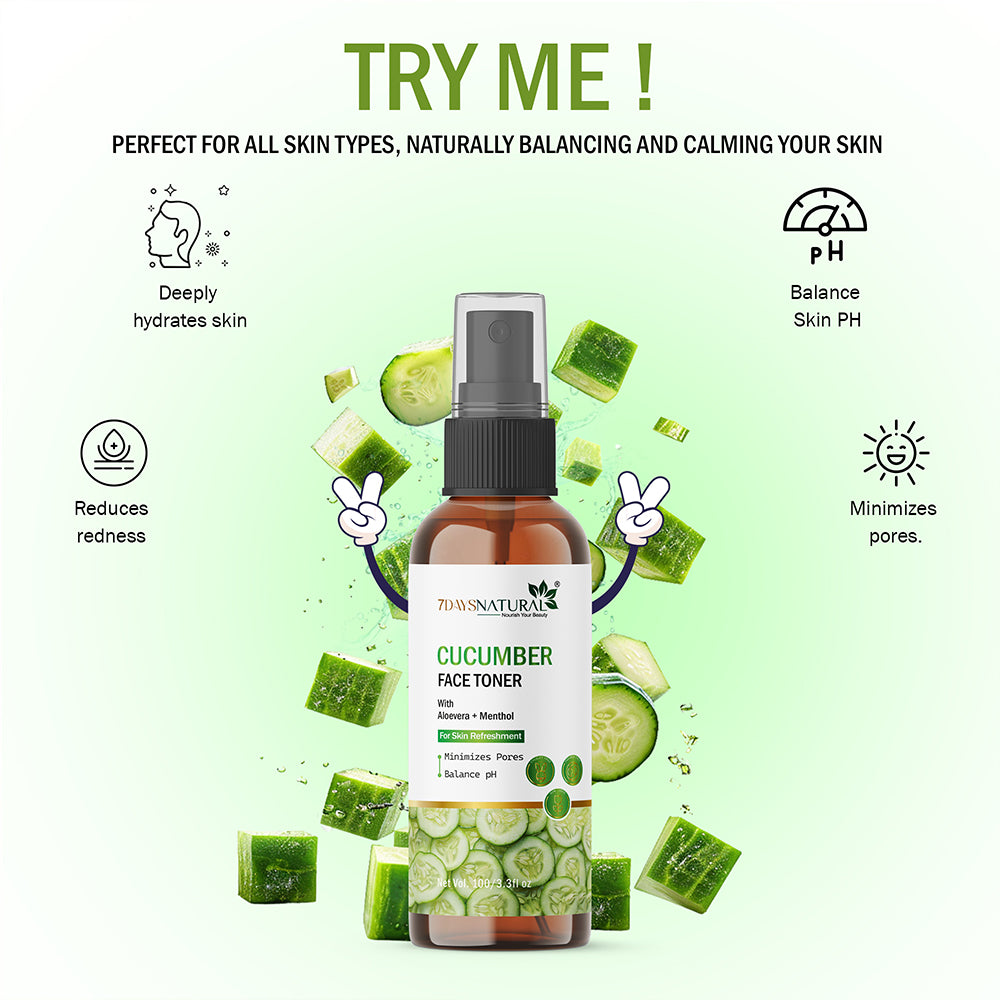 7Days Natural Cucumber Face Toner with Rose Water and Menthol, pH Balancing, Instant Hydration,100g
