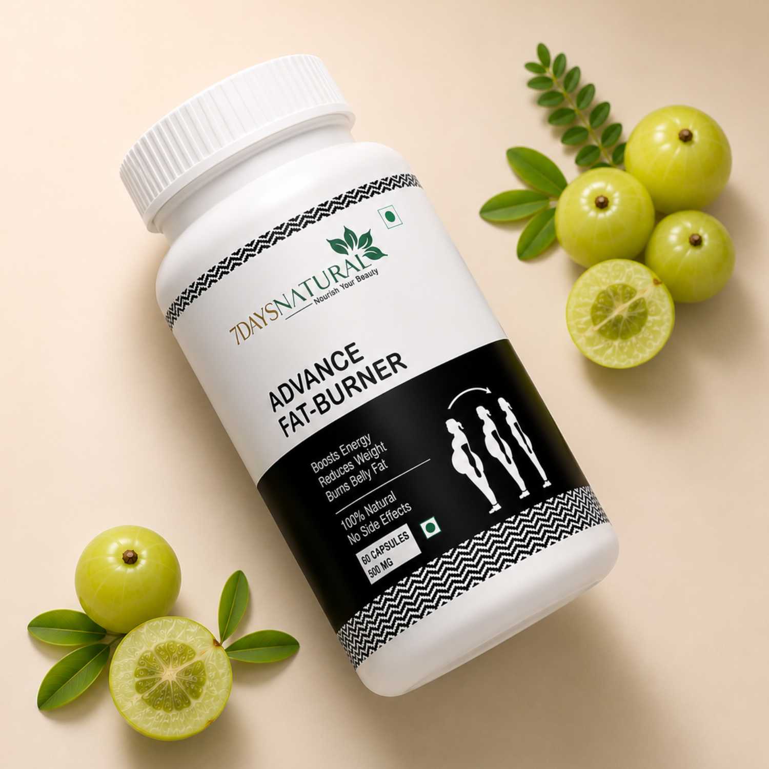 Bottle of 7 Days Natural Advance Fat Burner with green fruits on a beige background