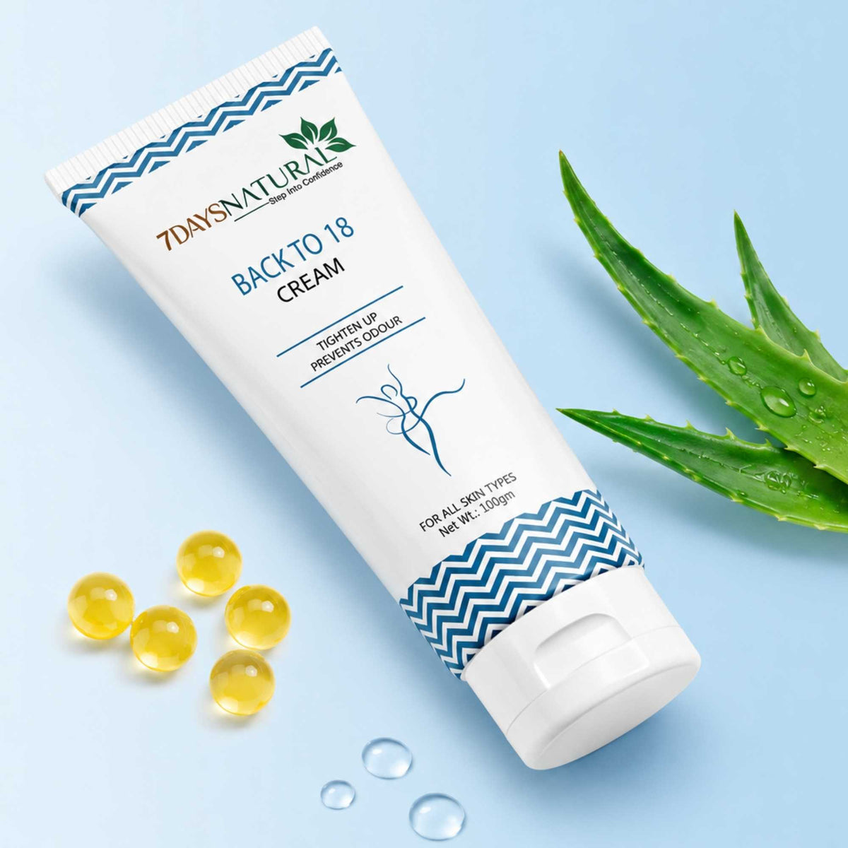 Tube of 7Days Natural Back to 18 Cream with aloe vera leaves and capsules on a blue background