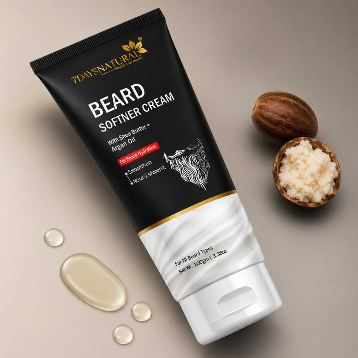 Beard softener cream tube with ingredients on a beige background