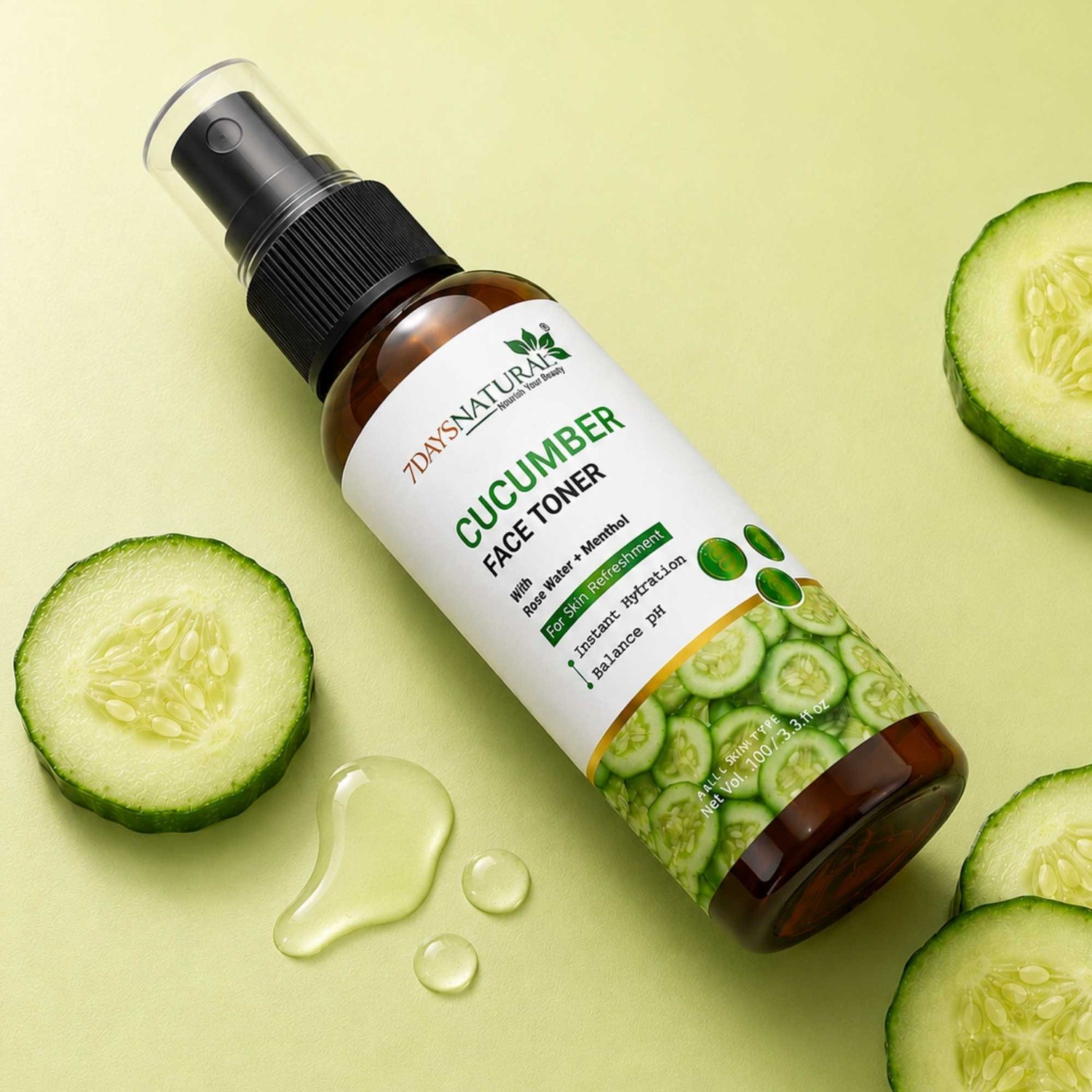 Bottle of cucumber face toner with sliced cucumbers on a light green background