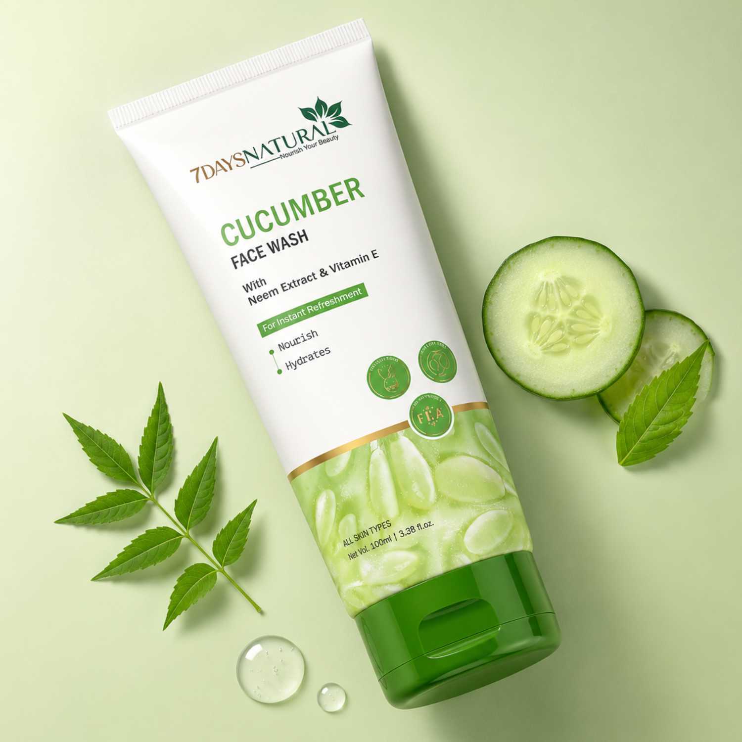 Tube of 7 Days Naturals Cucumber Face Wash with cucumber slices and leaves on a light green background