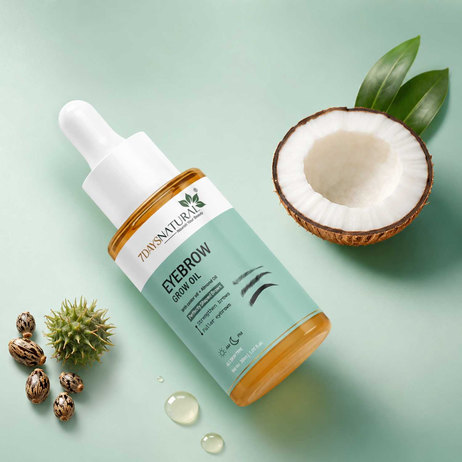 Eyebrow grow oil bottle with a coconut and leaves on a light green background