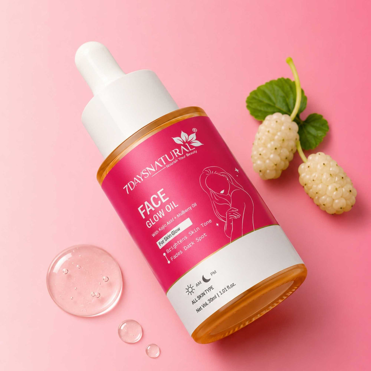 Bottle of 7 Days Naturals Face Glow Oil with ingredients on a pink background
