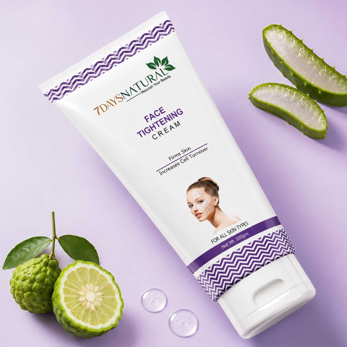 7 Days Natural Face Tightening Cream with aloe vera leaves and green fruit on a purple background