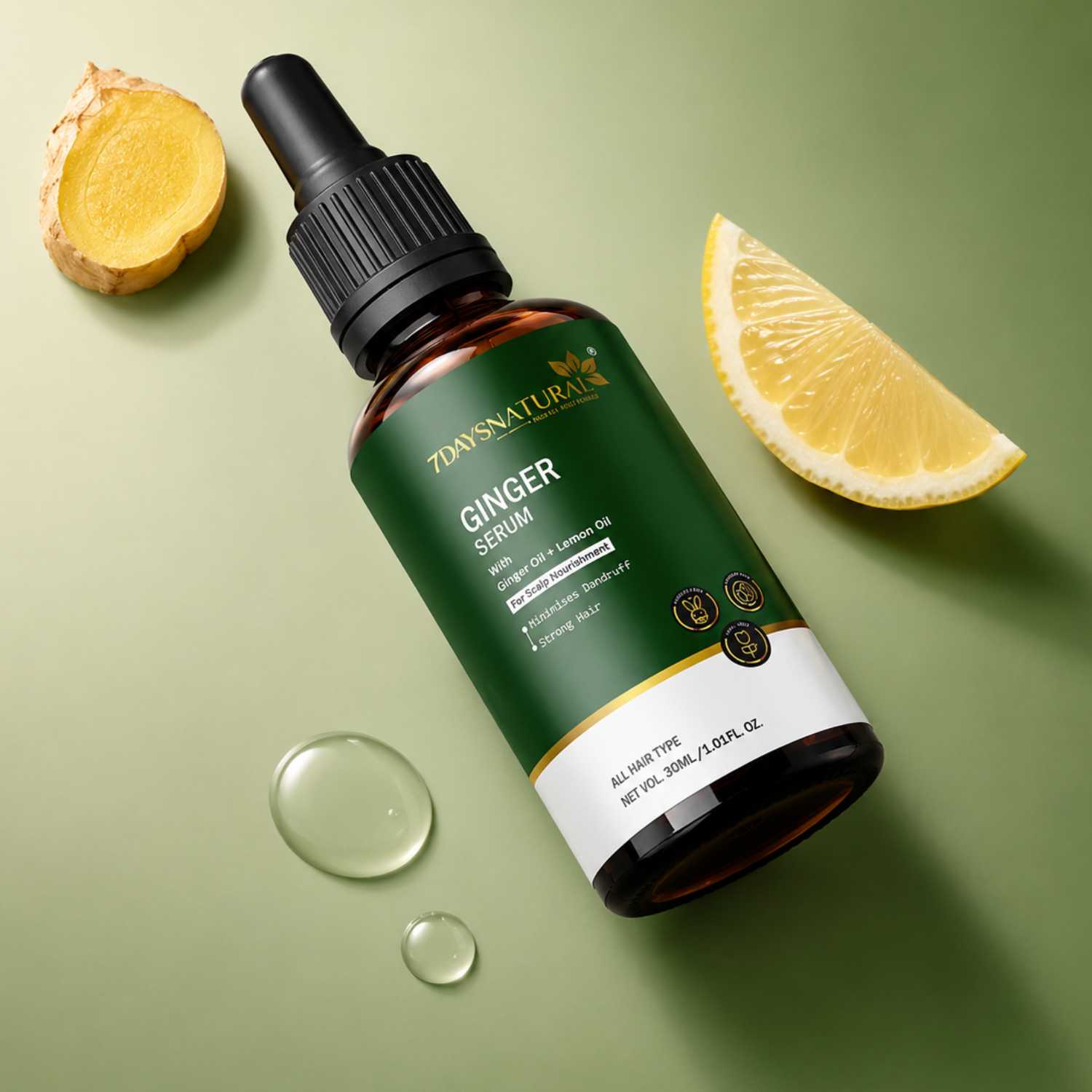 Bottle of Z moyu nature ginger serum with a slice of lemon and ginger root on a green background