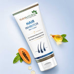 Tube of 7 Days Natural Hair Inhibitor Skin Cream on a light blue background with papaya and leaves.