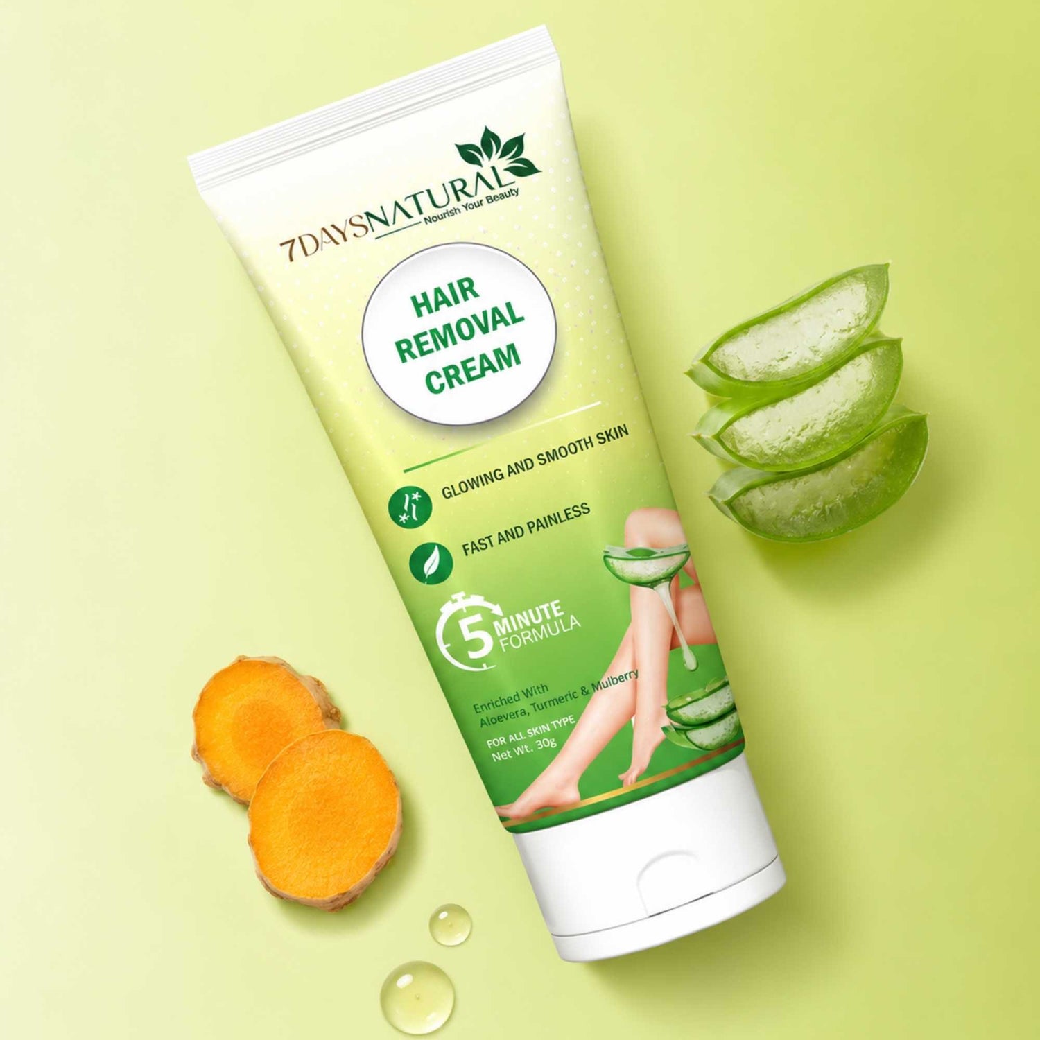 Tube of 7 Days Natural hair removal cream with aloe vera slices and turmeric on a green background