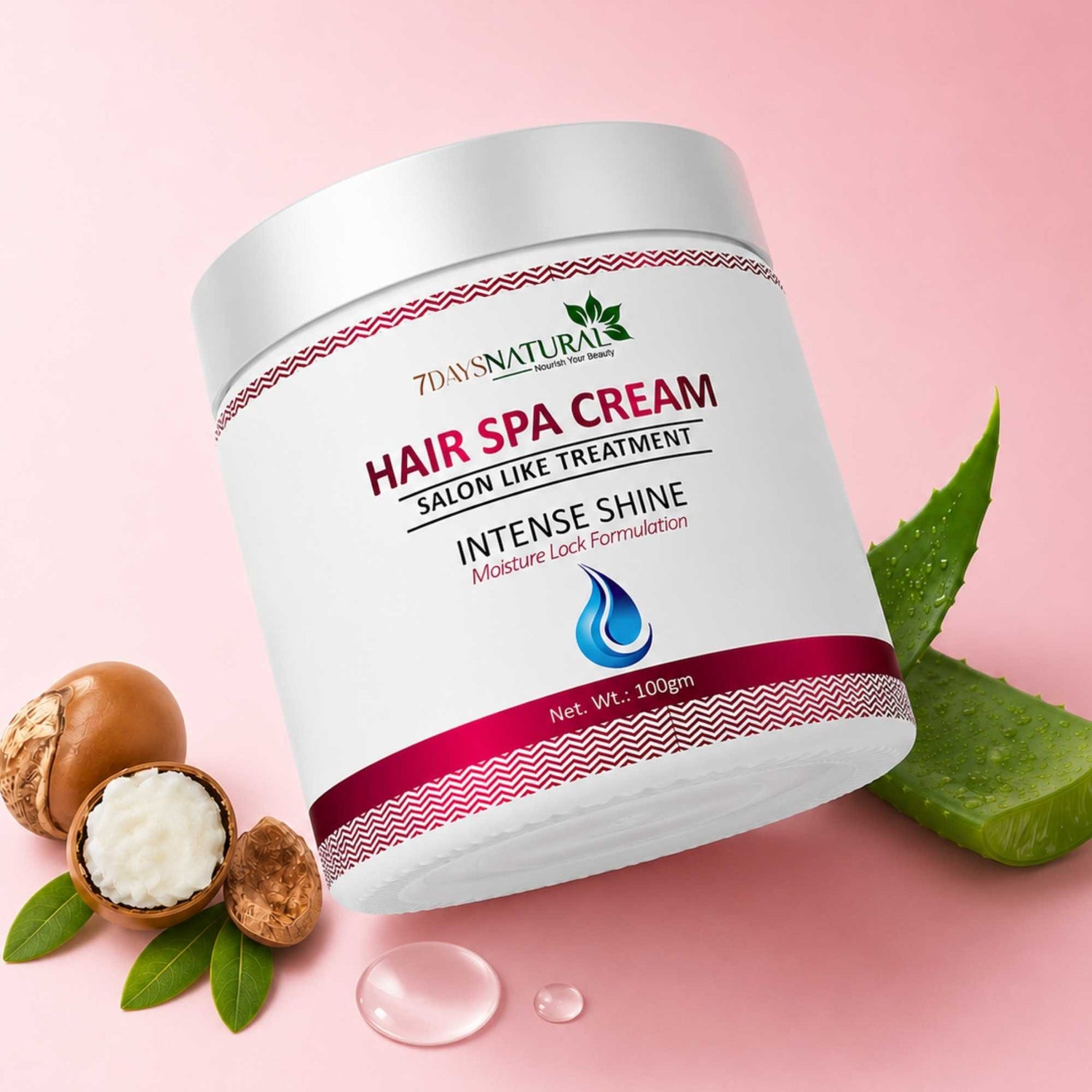 Hair spa cream jar with natural elements on a pink background