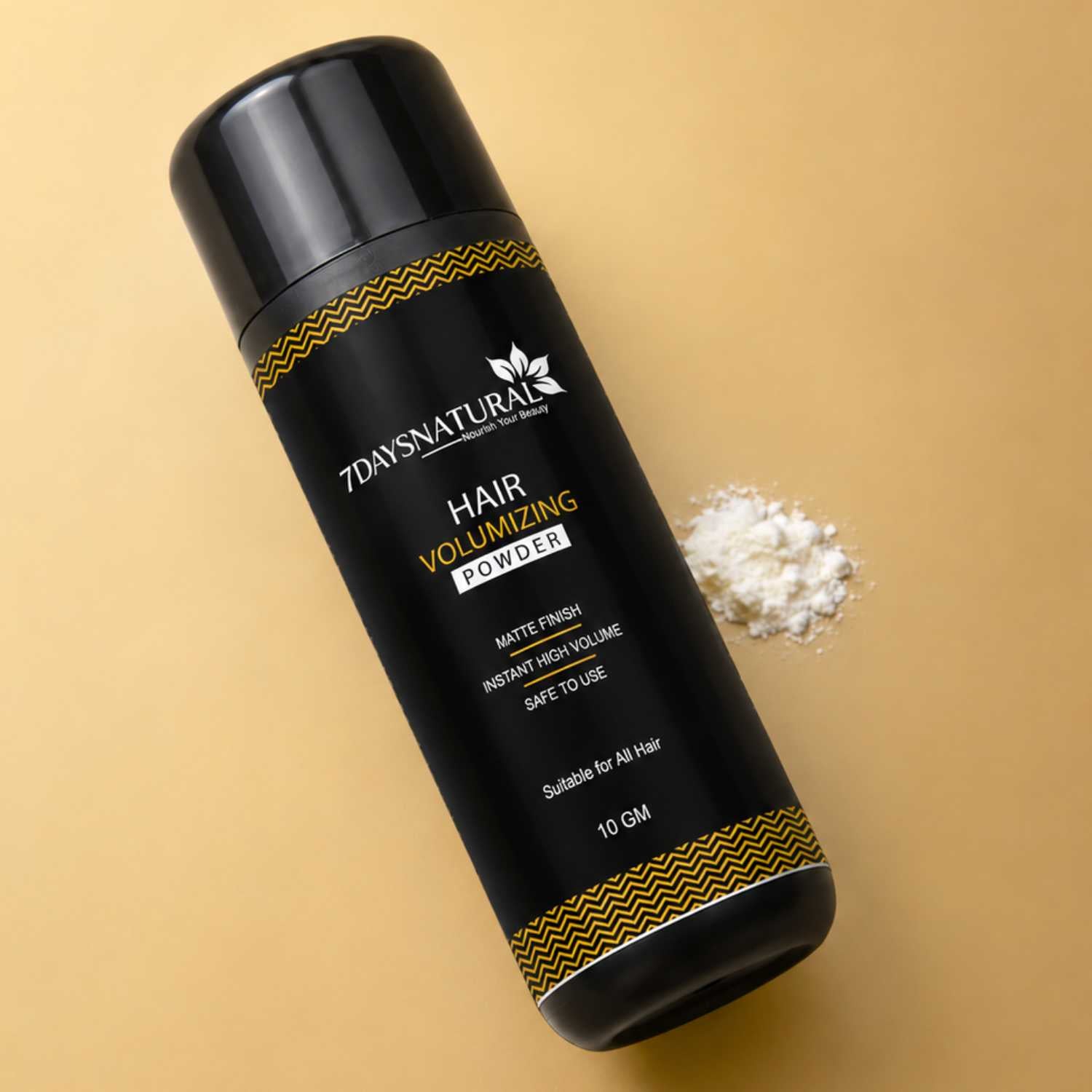 Black hair volumizing powder container with '7 Days Natural' branding on a beige background
