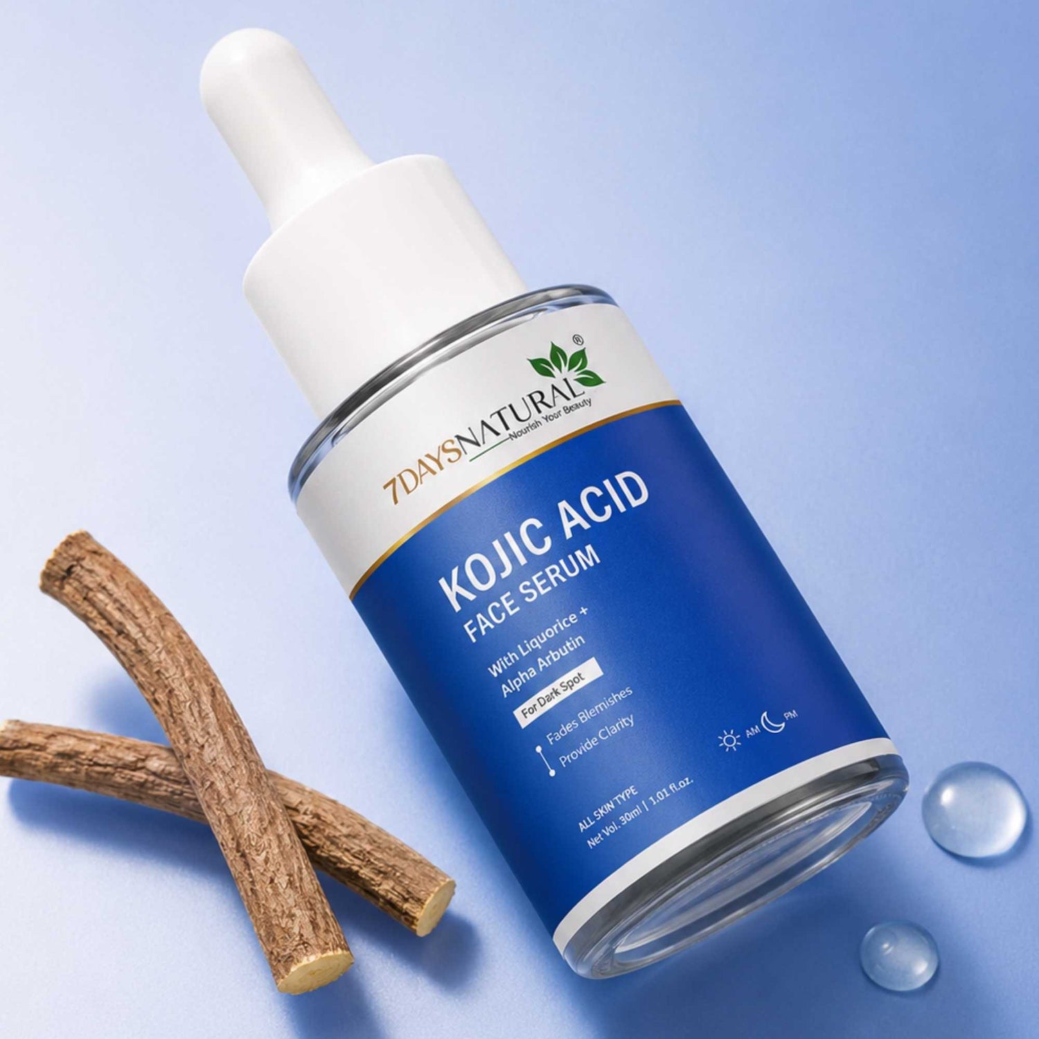 Kojic acid face serum bottle with natural ingredients on a blue background