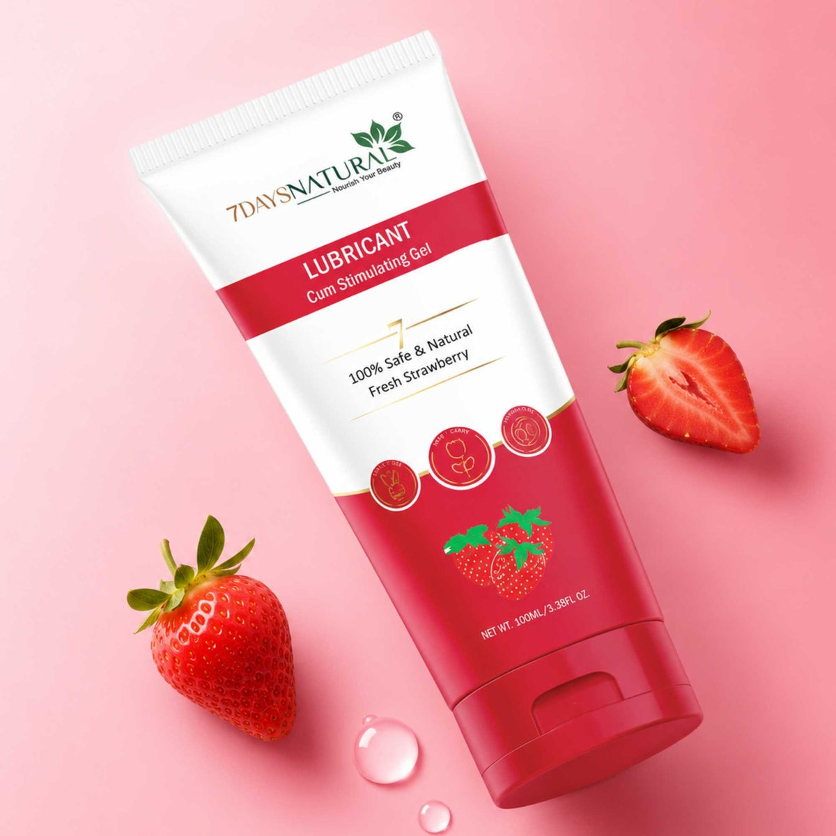 Tube of 7DAYS NATURAL lubricant with strawberries on a pink background