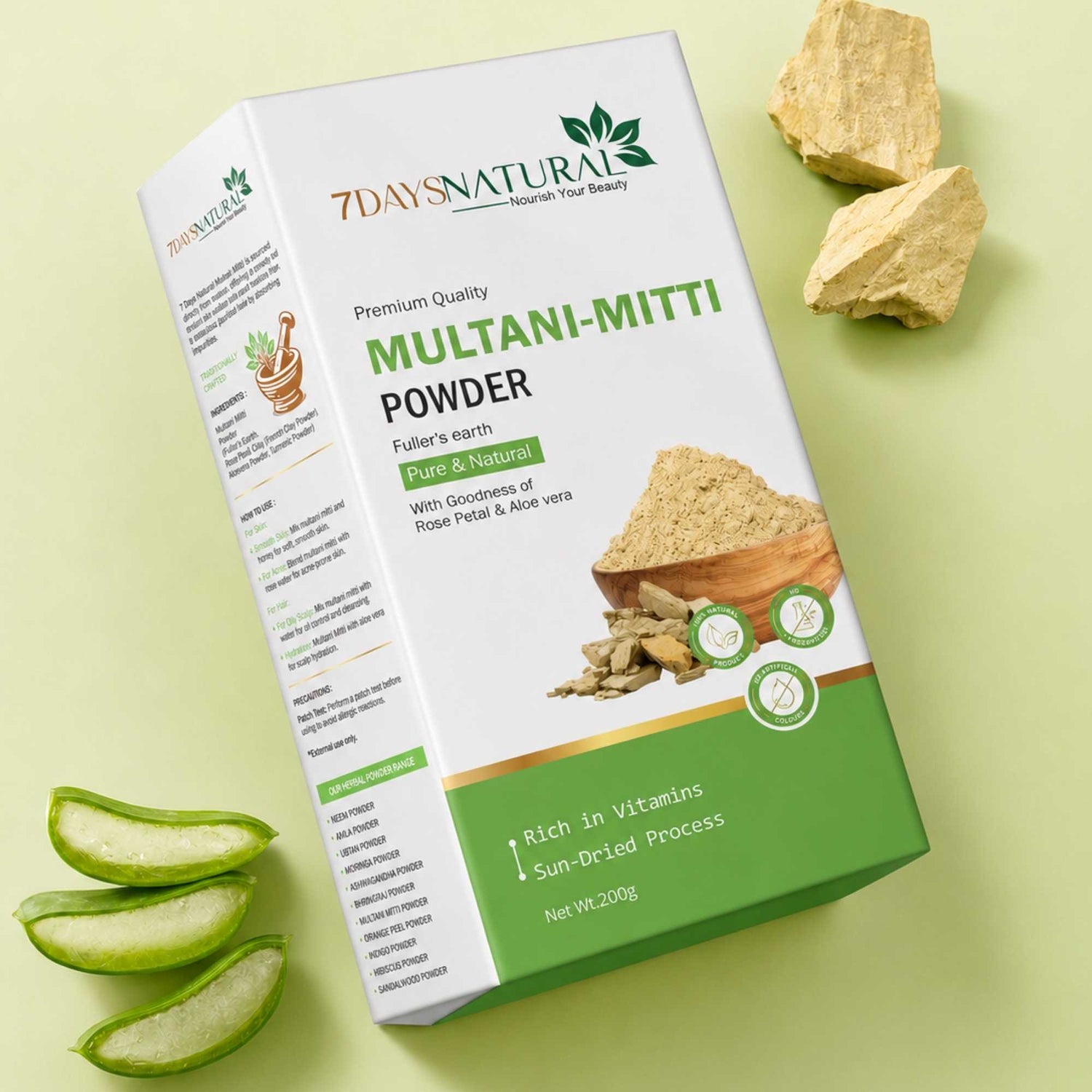 Box of 7Days Natural Multani Mitti Powder with aloe vera slices on a light green background