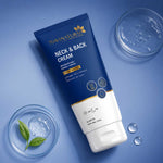 Neck and back cream tube with blue and white design on a blue background