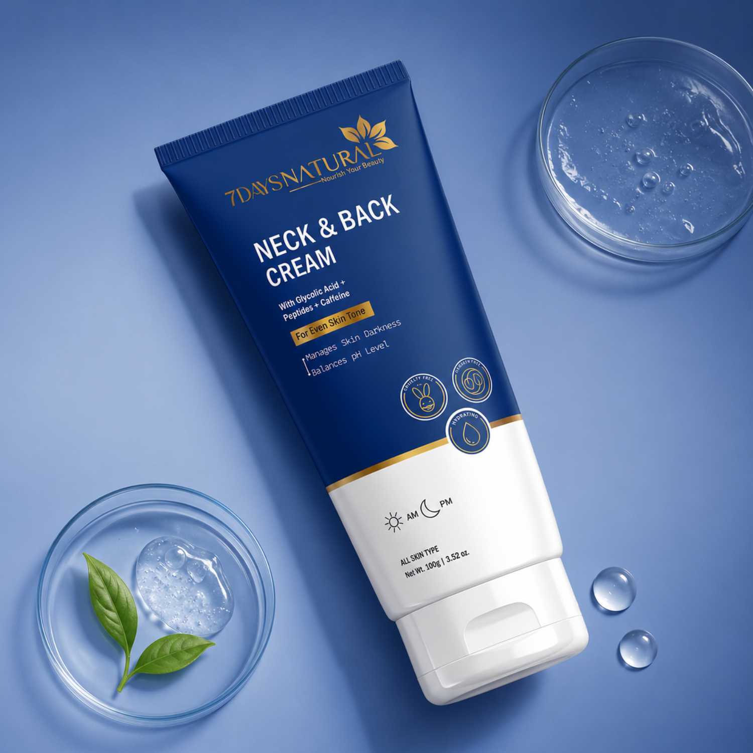 Neck and back cream tube with blue and white design on a blue background