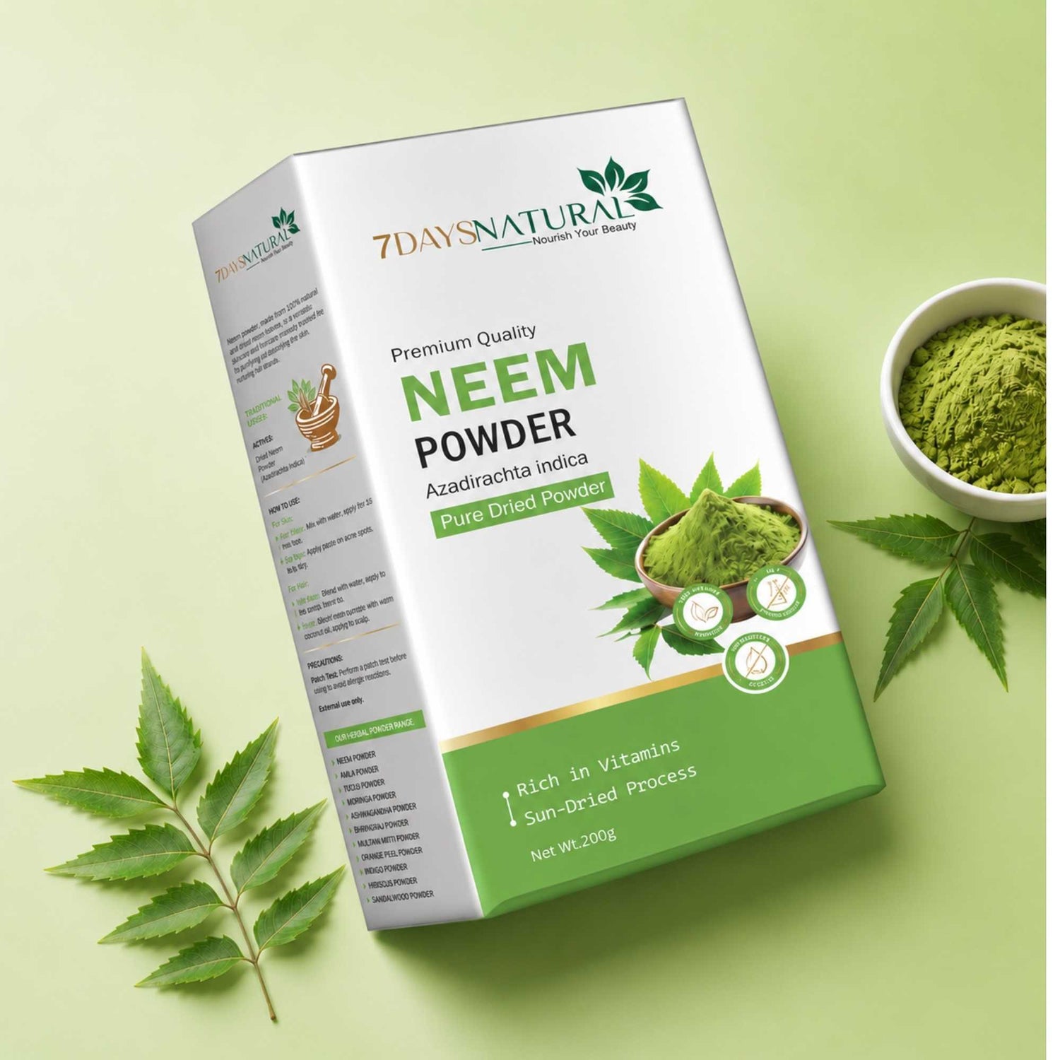 Box of 7Days Natural Neem Powder with a bowl of green powder and neem leaves on a light green background