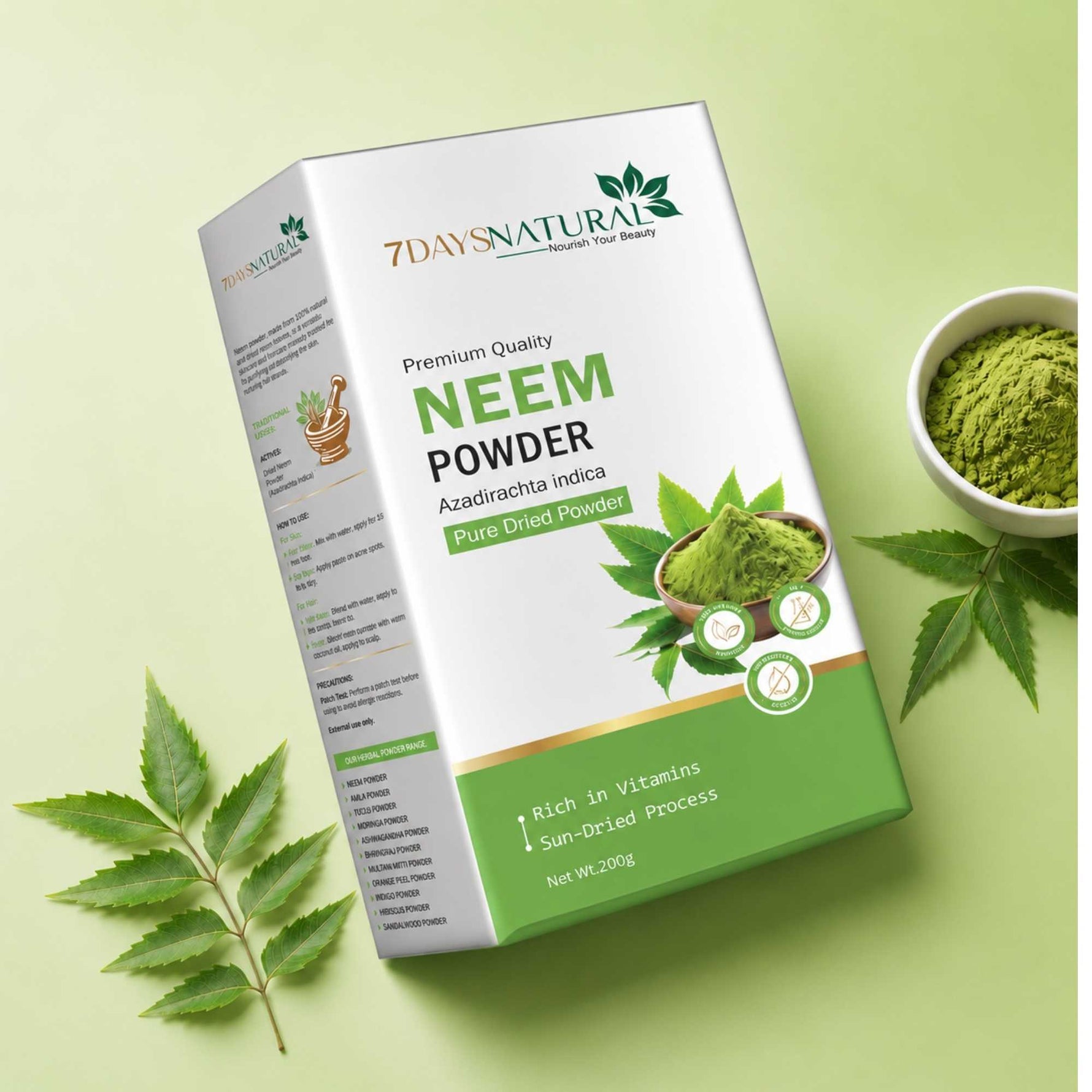 Box of 7Days Natural Neem Powder with a bowl of green powder and neem leaves on a light green background