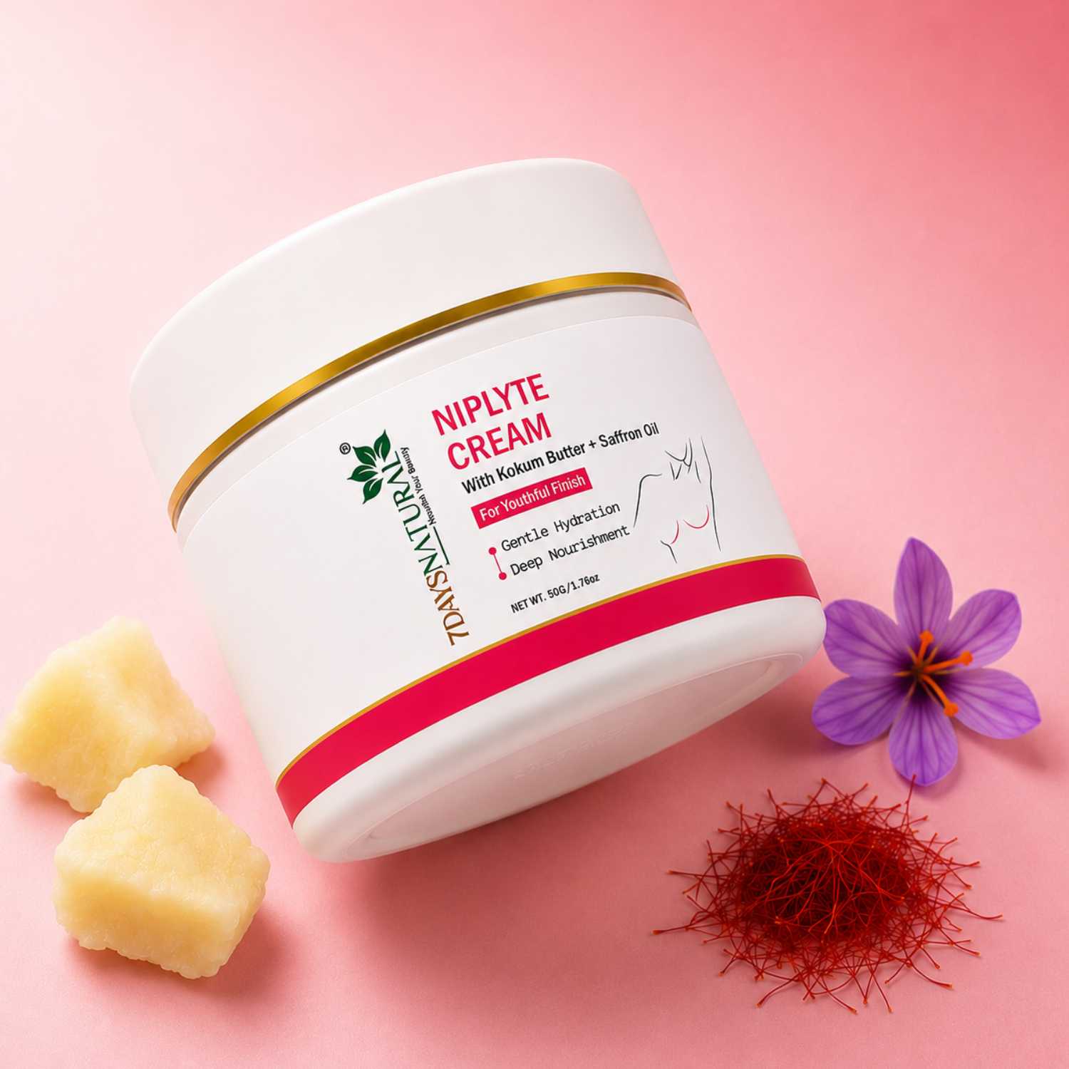 Niplyte Cream jar with natural ingredients on a pink background