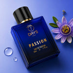 Blue perfume bottle labeled '7 Days Luxury Passion' with a purple flower on a blue background
