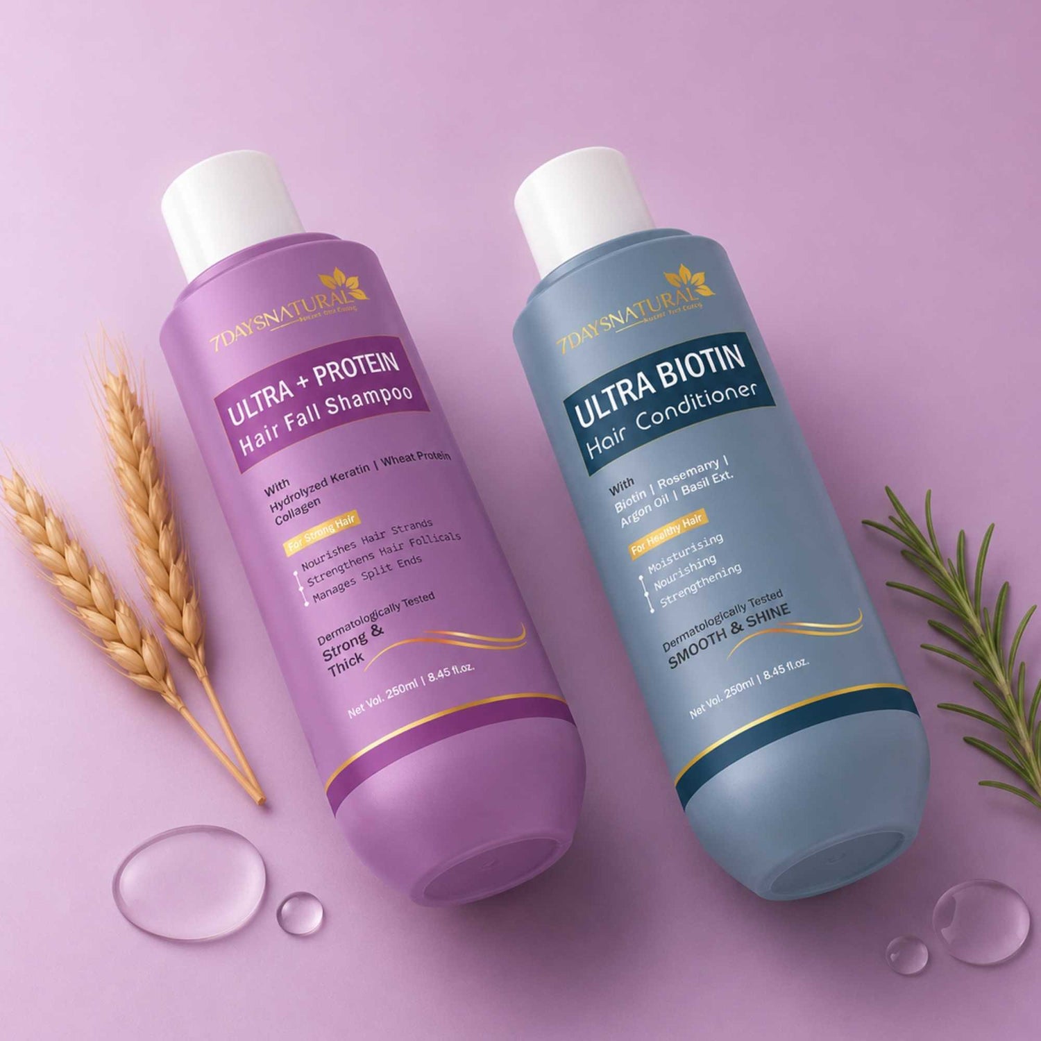 Two bottles of Prima Nature shampoo and conditioner on a pink background with wheat and rosemary leaves.