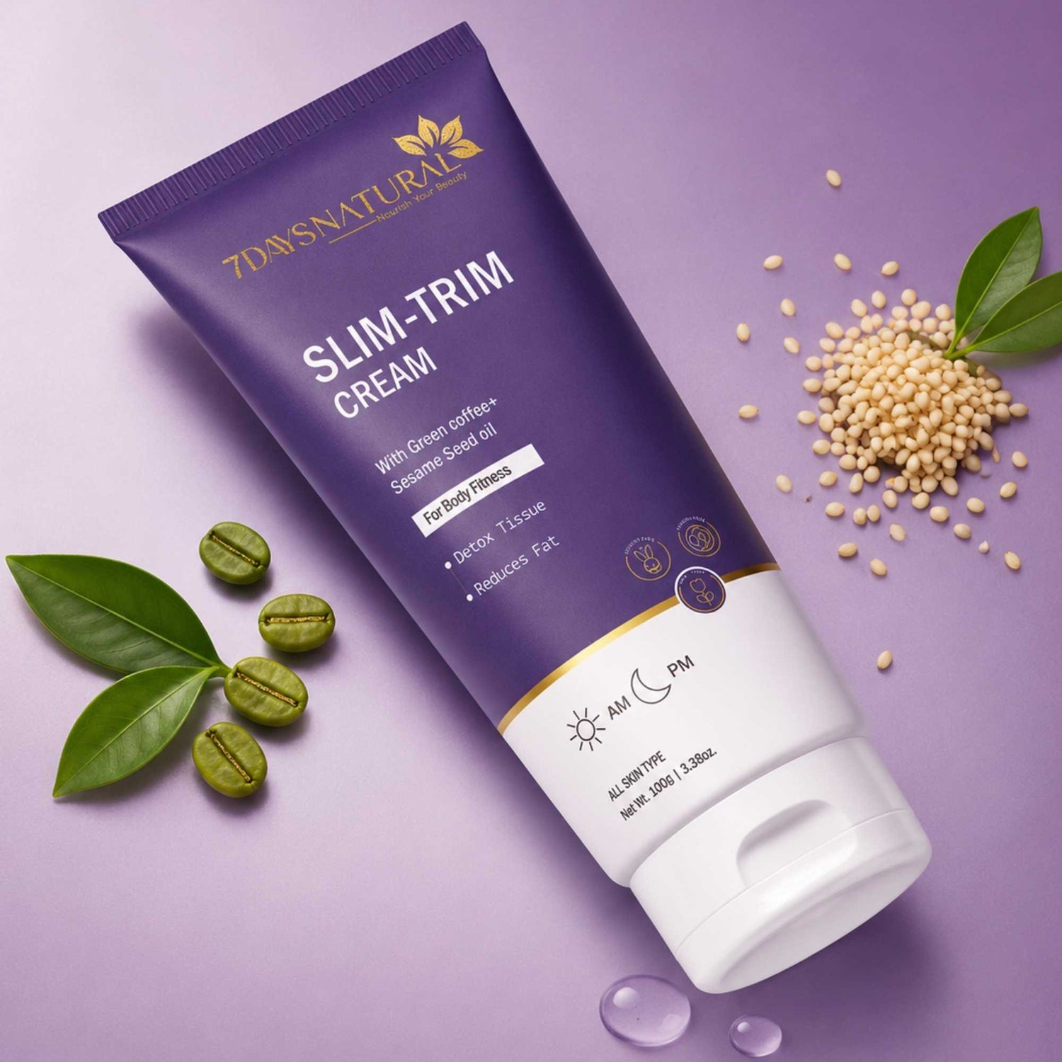 Tube of Slim-Trim Cream with green leaves and seeds on a purple background
