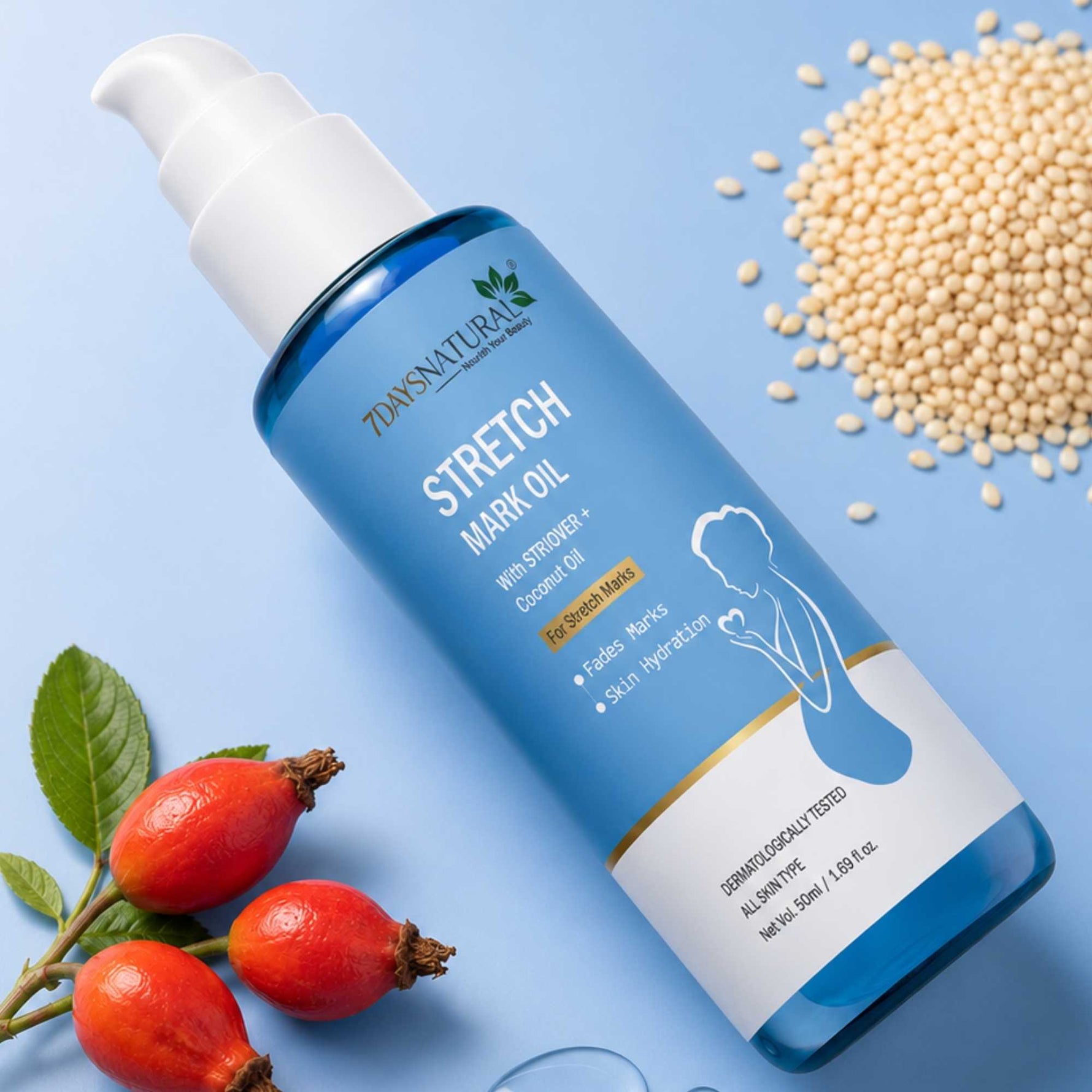 Bottle of 7DAYS NATURAL stretch mark oil with ingredients on a blue background
