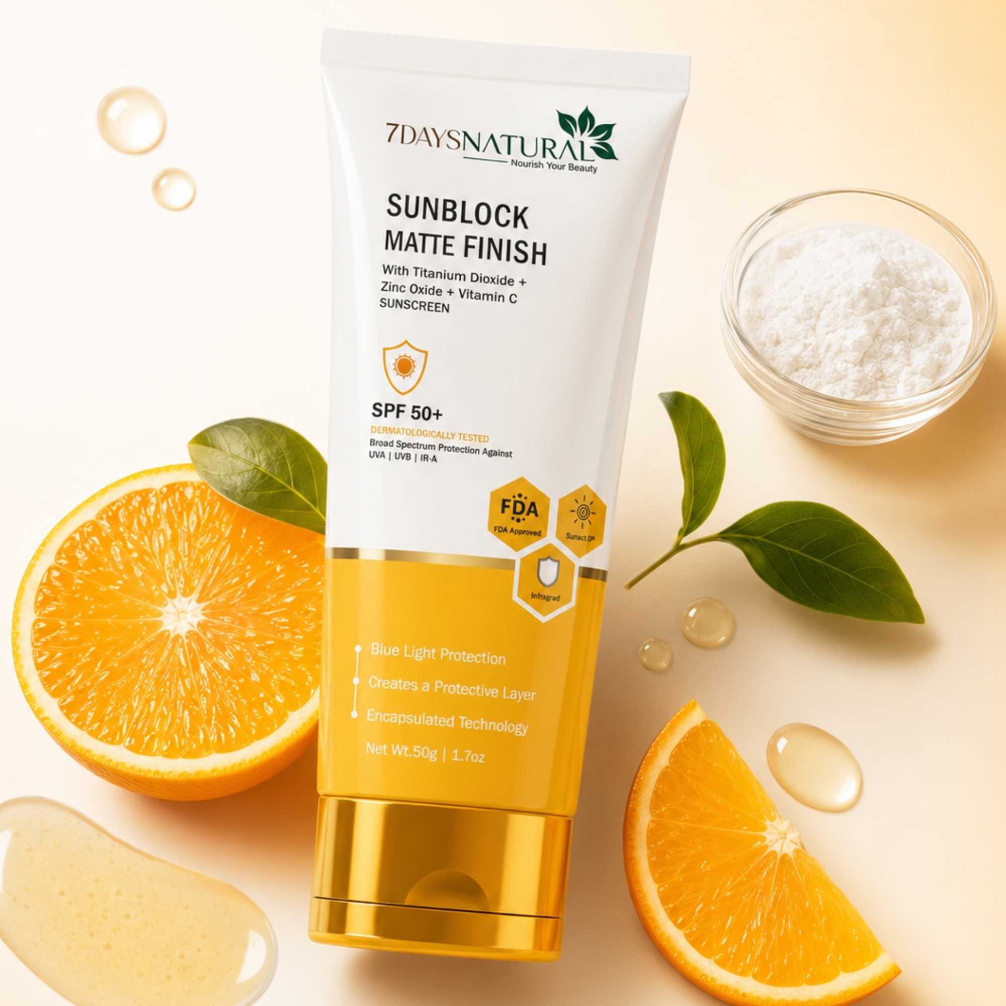 Tube of 7Days Natural Sunblock with oranges and a bowl of white powder on a beige background