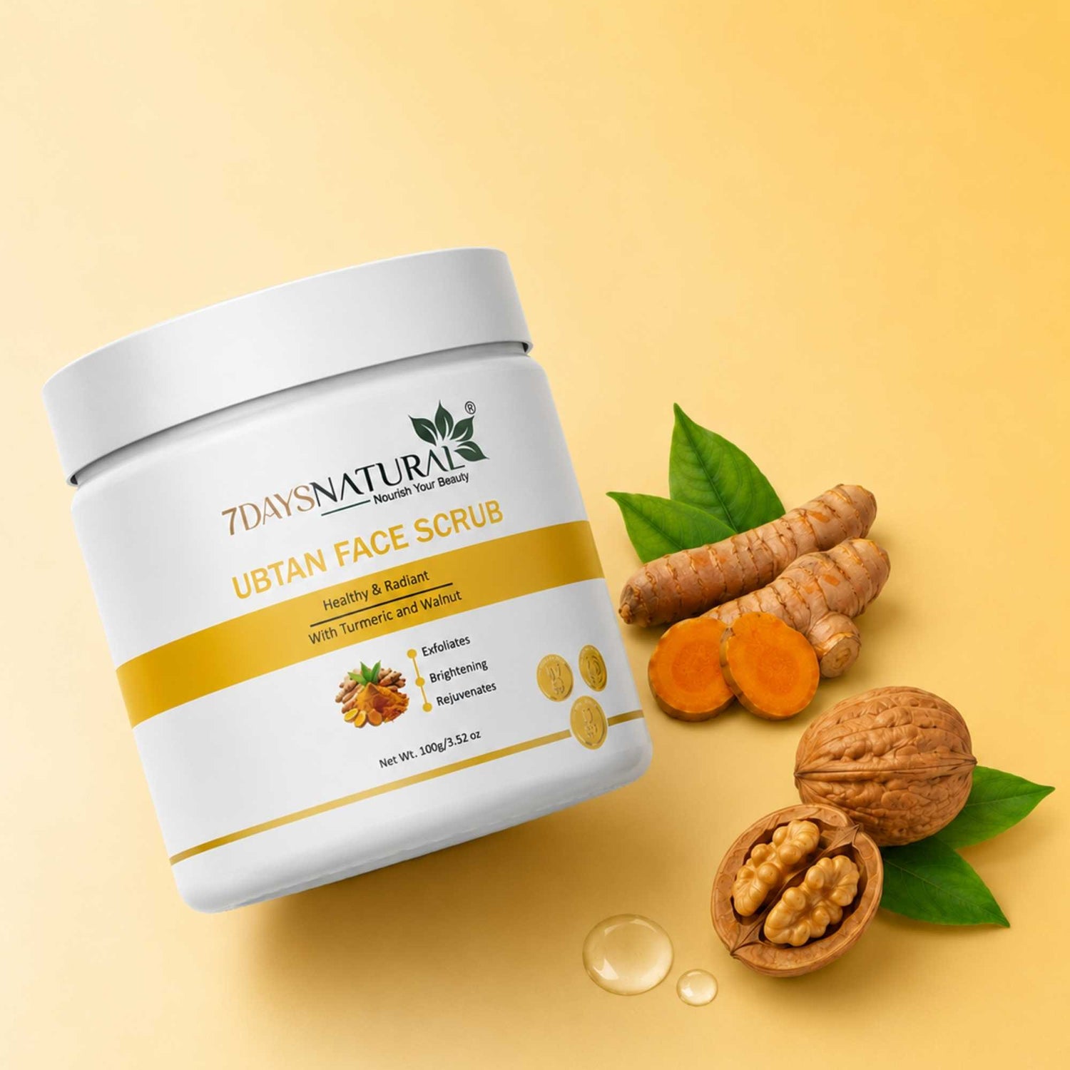 7 Days Natural Ubtan Face Scrub container with turmeric, walnut, and leaves on a yellow background