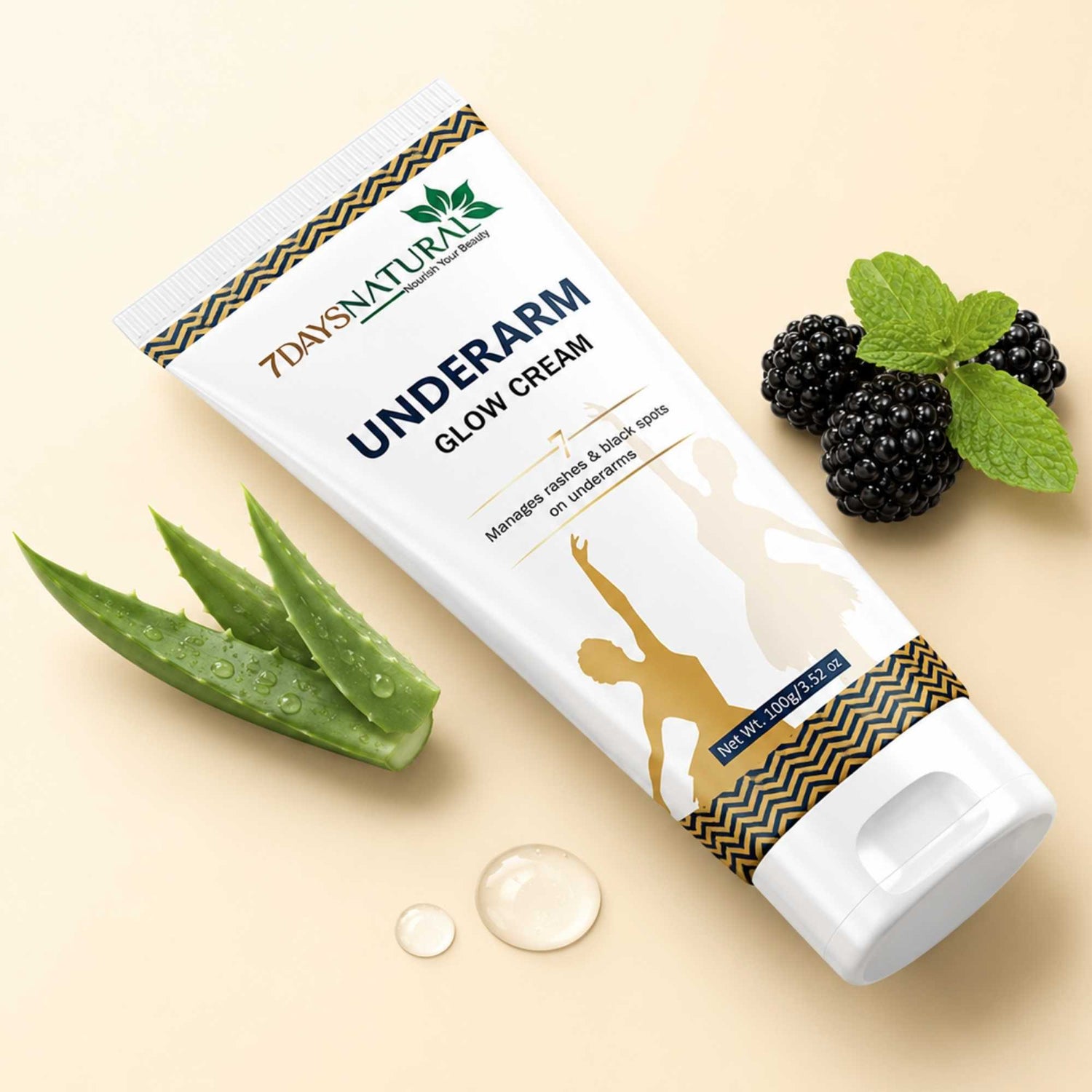 7Days Natural Underarm Glow Cream packaging with aloe vera leaves and blackberries on a beige background